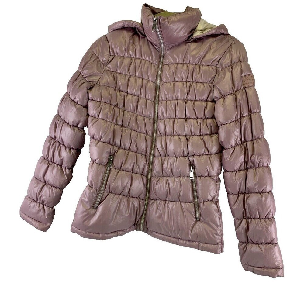 Kenneth Cole Packable Puffer Coat Hooded Jacket Pink Metallic‎ Zip Womens Small